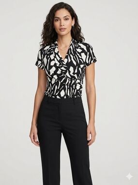 DKNY Abstract Zebra Print Faux Wrap Top Blouse Black White Size M